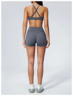 2 Piece Summer Yoga Sets for Women Hollow Back Cross Sports Bra Fitness Clothes Tight High Waist Shorts Running Workout Clothes