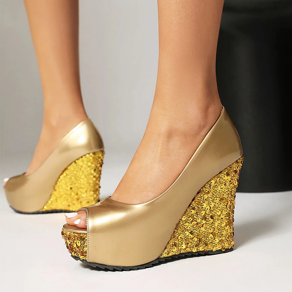 Plus Size Elegant Sequined White Chunky Platform Pumps Women's Black Pink Peep Toe Wedges High Heels Shoes for Party Wedding