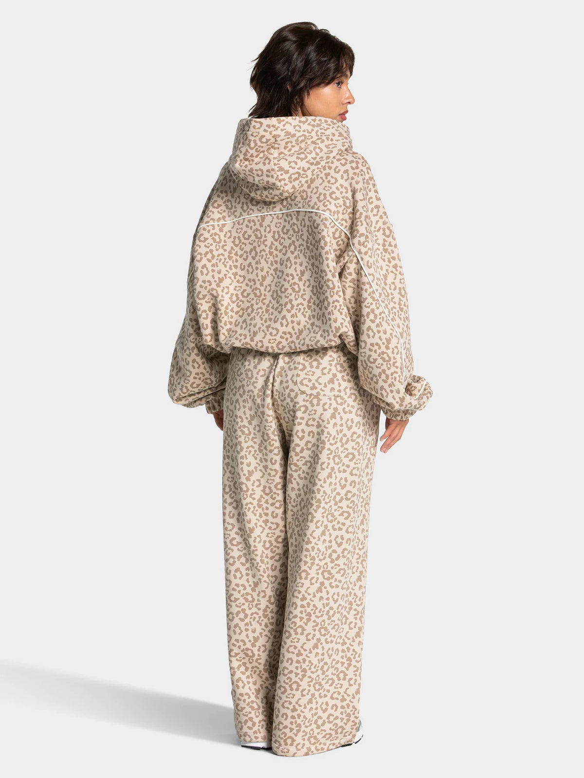 Vintage Leopard Hooded Sweatshirt Suit Loose Fit Contrast Line Wide Leg Trousers Fashion Athletic Tracksuit Outfit