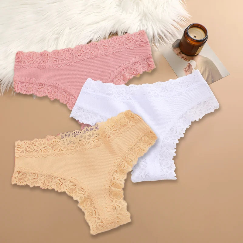 3Pcs Sexy Women Cotton Brazilian Pants Lace Brazilian Briefs Low Waist Floral Solid Color G-string Breathable Soft Lingerie