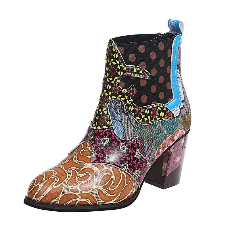 Ankle Boots Women Autumn PU Women's Shoes Ethnic Waterproof Casual Vintage Shoes Zipper High Heel Short Boots Botas Mujer