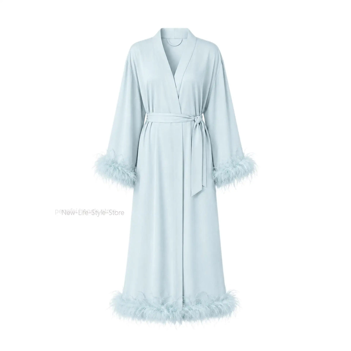 Satin Feather Trim Bridal Morning Gown for Women Long Sleeve Belted Maxi Robe Elegant Soft Home Bathrobe Sleepwear Loungewear