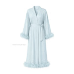 Satin Feather Trim Bridal Morning Gown for Women Long Sleeve Belted Maxi Robe Elegant Soft Home Bathrobe Sleepwear Loungewear