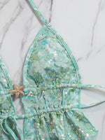 Sexy Sequin Green Bikinis Sets Women Metal Starfish Pleate Tank Top Tie Side Thong Swimsuit Beach Bathing Suit Swimwear 2026