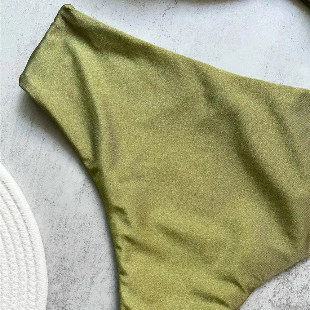 Brown Shiny U Shaped Bikini High Waist Sexy Swimsuit Women 2026 Wrinkled Solid Swimwears Bathing Suit Bandeau Bikinis Sets Mujer