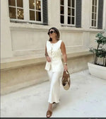 Women's Sleeveless Knit Top With Metal Buttons White Sleeveless Button Down Vest And Maxi Skirt Two Piece Set For Women S7XY