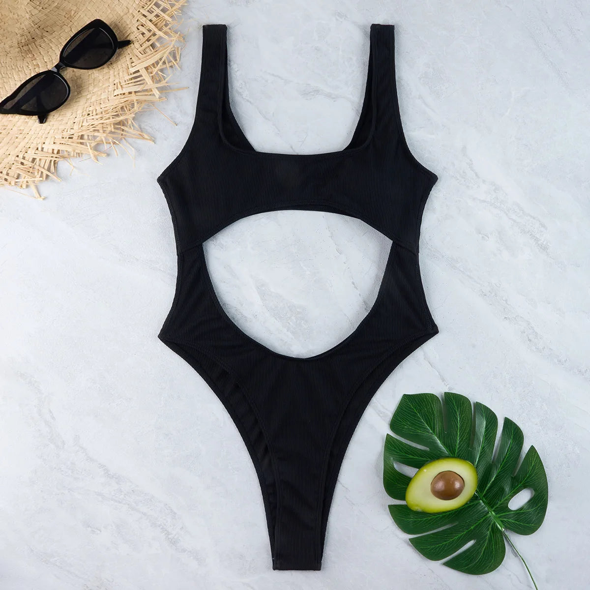 Sexy Hollow Out Thong Bikini 2026 Women Black Red Ribbed Backless Tummy Cut Out One Piece Swimsuit Beach Bathing Suit Swimwear