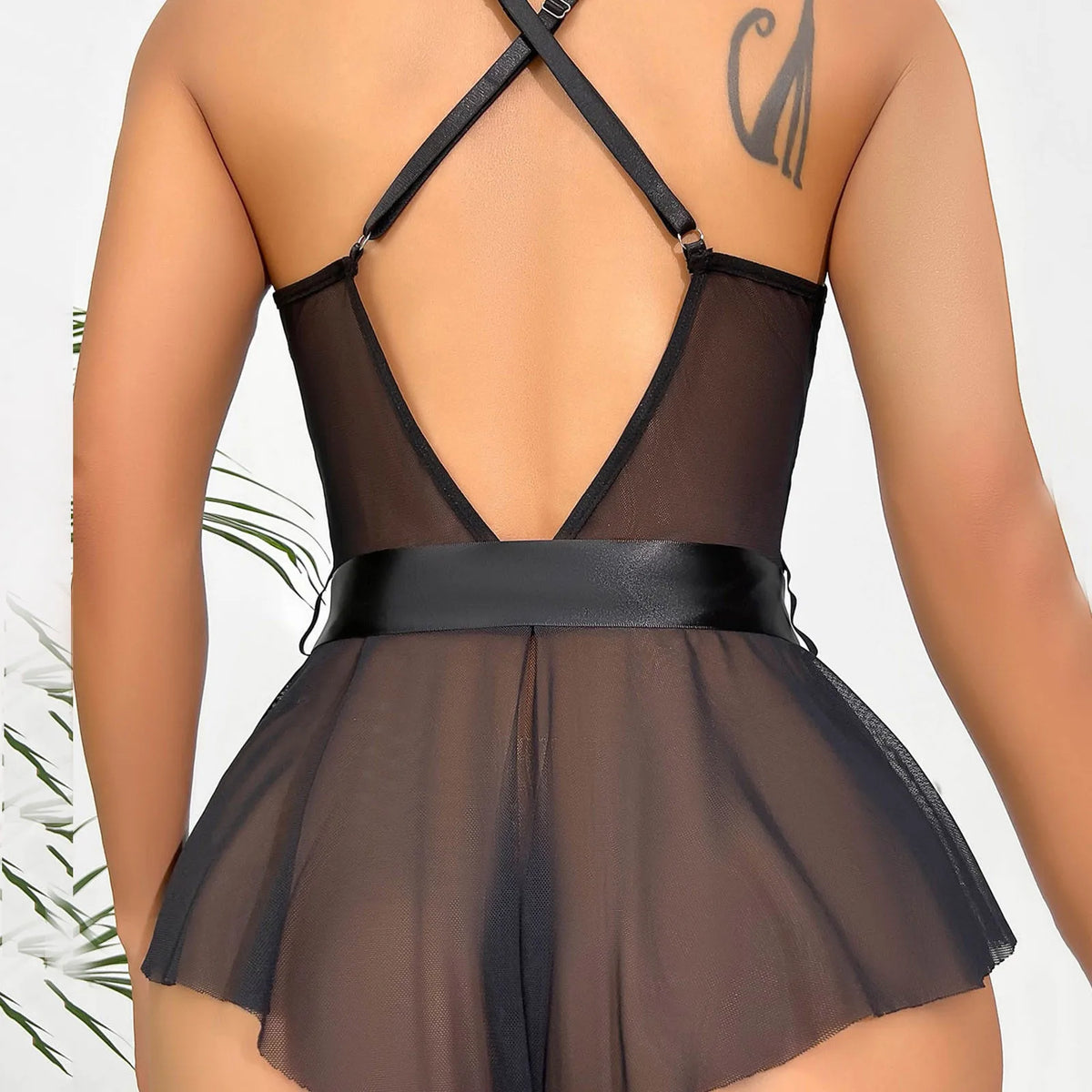 Sexy See Through Lingerie Woman Lace Transparent Underwear Bodysuits Deep V Neck Ruffle Hem Satin Bow Sheer Mesh Teddy Body Suit