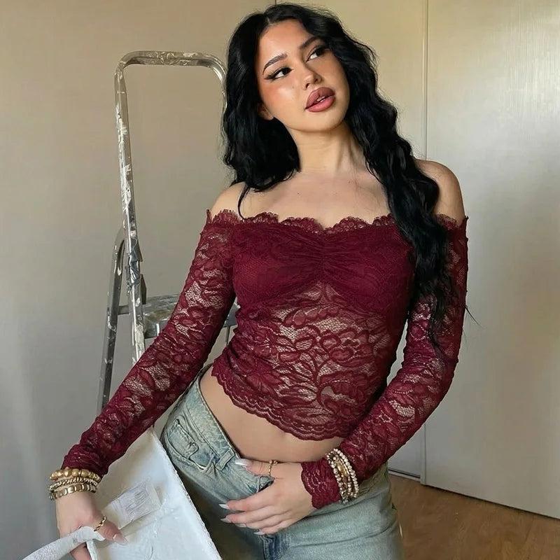 FDYOUI 2026 Spring Summer Wine Red Lace T-shirts for Women Slash Neck Slim Crop Tops Sexy Elegant See-through Short Tee Shirt