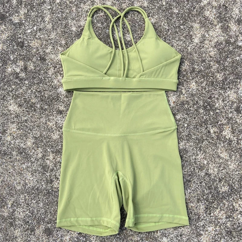 Solid Color Soft Women Gym Yoga Short Cycling Set Cross Back GymBra+High Waist Short Leggings High impact shockproof Sportwear