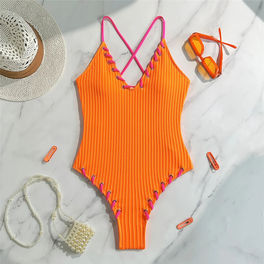 5 Colors V Neck Ribbed Cross Back One Piece Swimsuit Women Swimwear Female High Leg Cut MonokiniBather Bathing Suit Swim V6278