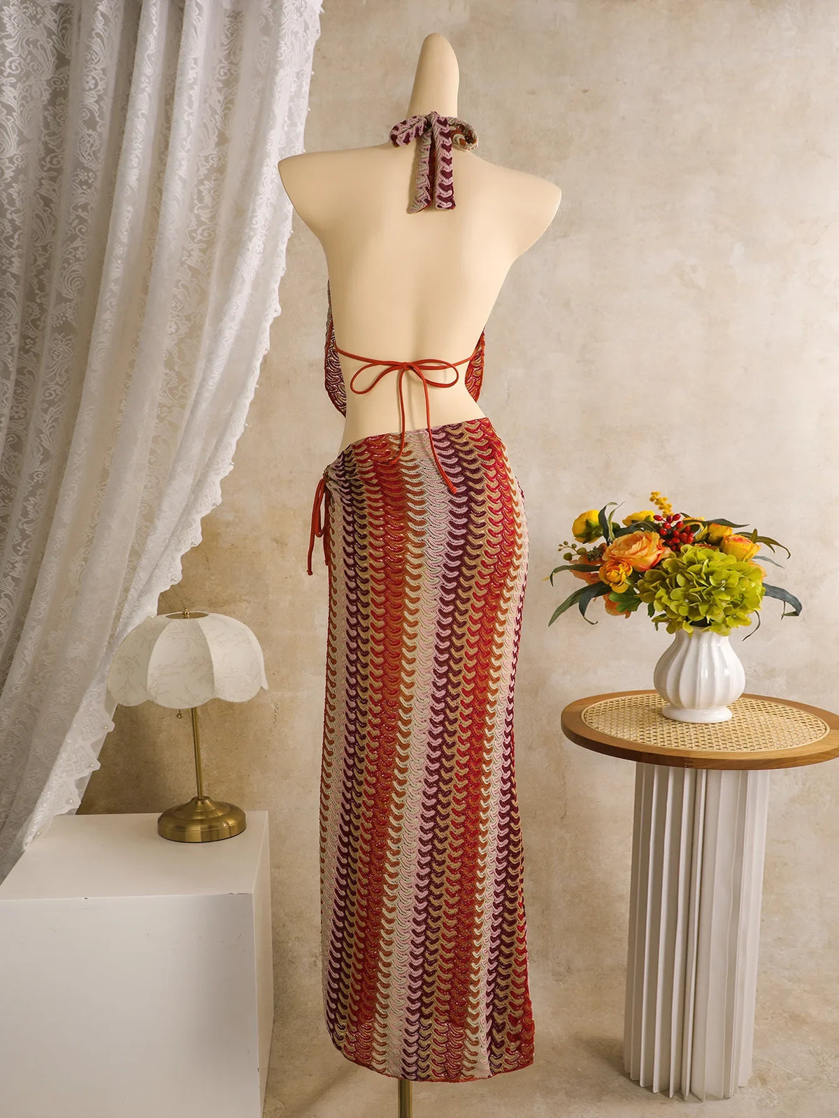 Bohemia Style Coffee Striped Bikini Set 2026 Women Cover Up+Long Skirt 4 Piece Swimsuit Summer Holiday Bathing Suit Swimwear