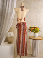 Bohemia Style Coffee Striped Bikini Set 2026 Women Cover Up+Long Skirt 4 Piece Swimsuit Summer Holiday Bathing Suit Swimwear