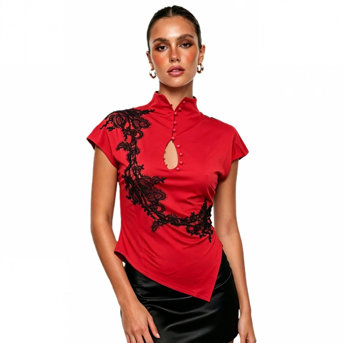 Women's Cheongsam Tops Mock Neck Short Sleeve Lace PatchworkBlouse Chinese Style Keyhole Summer Shirts