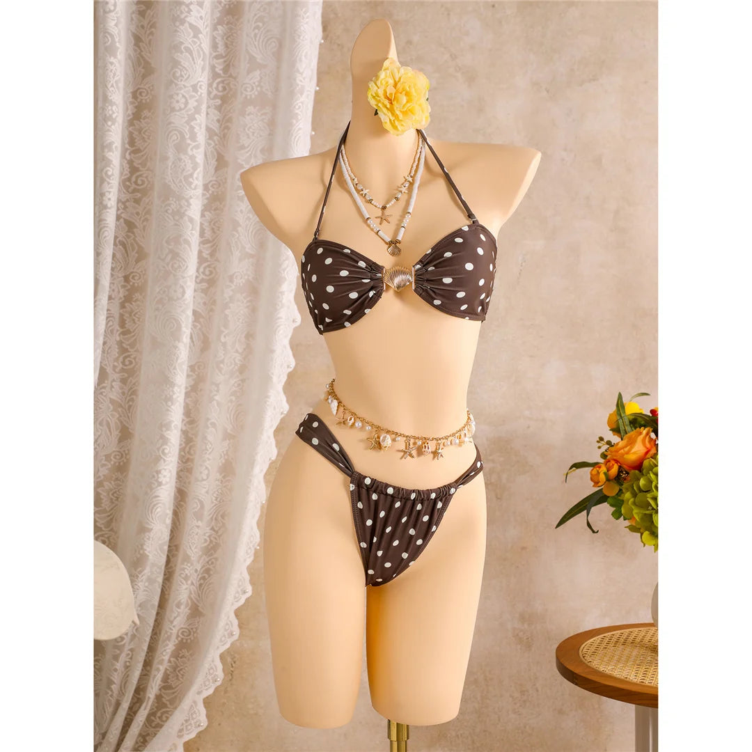 Polka Dots With Skirt Halter Shell Bikini Women Swimwear Female Swimsuit Three-Pieces Bikini Set Bather Bathing Suit Swim V8313