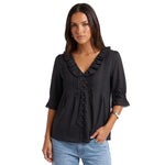 Women's Summer Blouse Solid Color Ruffle Flounce V Neck Short Sleeve Button Down Tops Casual Loose Shirts