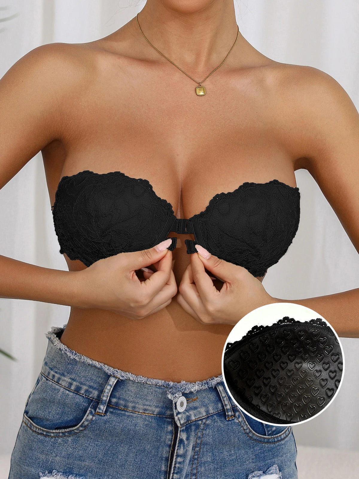 Single-Piece Half-Cup Women's Bra with Front Closure, Solid Color, Simple and Sexy Lace Trim, Strapless, Invisible Details, Anti-Slip Design, Push-Up Effect