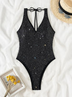 Shiny Sequins Hater V Neck One Piece Swimsuit Women Swimwear Female High Leg Cut Monokini Bather Backless Bathing Suit Swim Lady