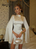 Ahagaga Eelgant Mini Dresses For Women Solid Long Flare Sleeves Turtleneck Sheath Satin Fashion Split Party Slim Fit Female Robe