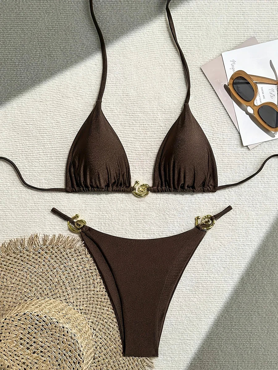 Shiny Sparkling Halter Metal Ring Bikini Women Swimwear Female Swimsuit Two-pieces Bikini Set Brazilian Bather Bathing Suit Swim