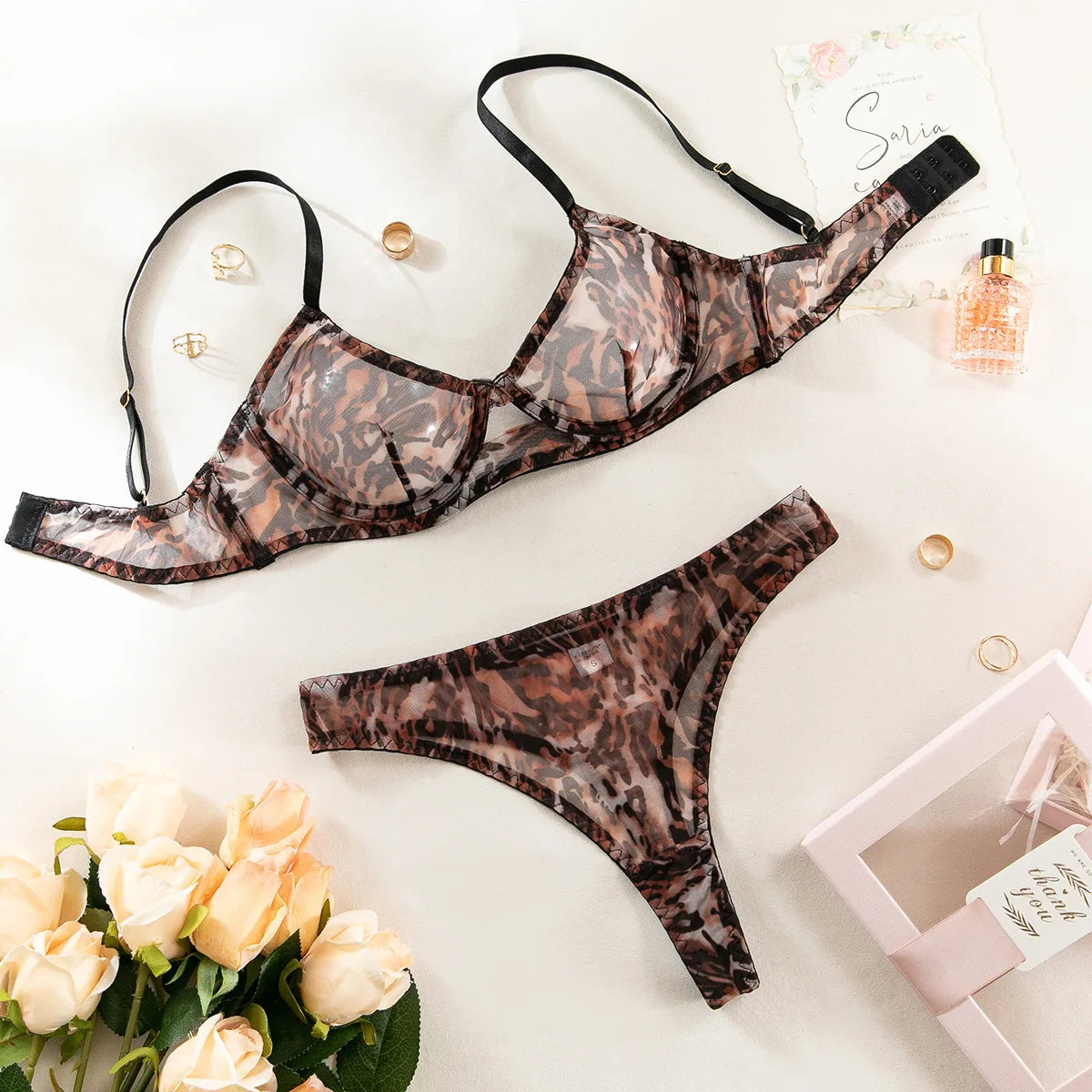 Seamless Leopard Printed Underwire Underwear Lace See Through Push Up Bra and Panty Set Women Sexy Lingerie Outfit