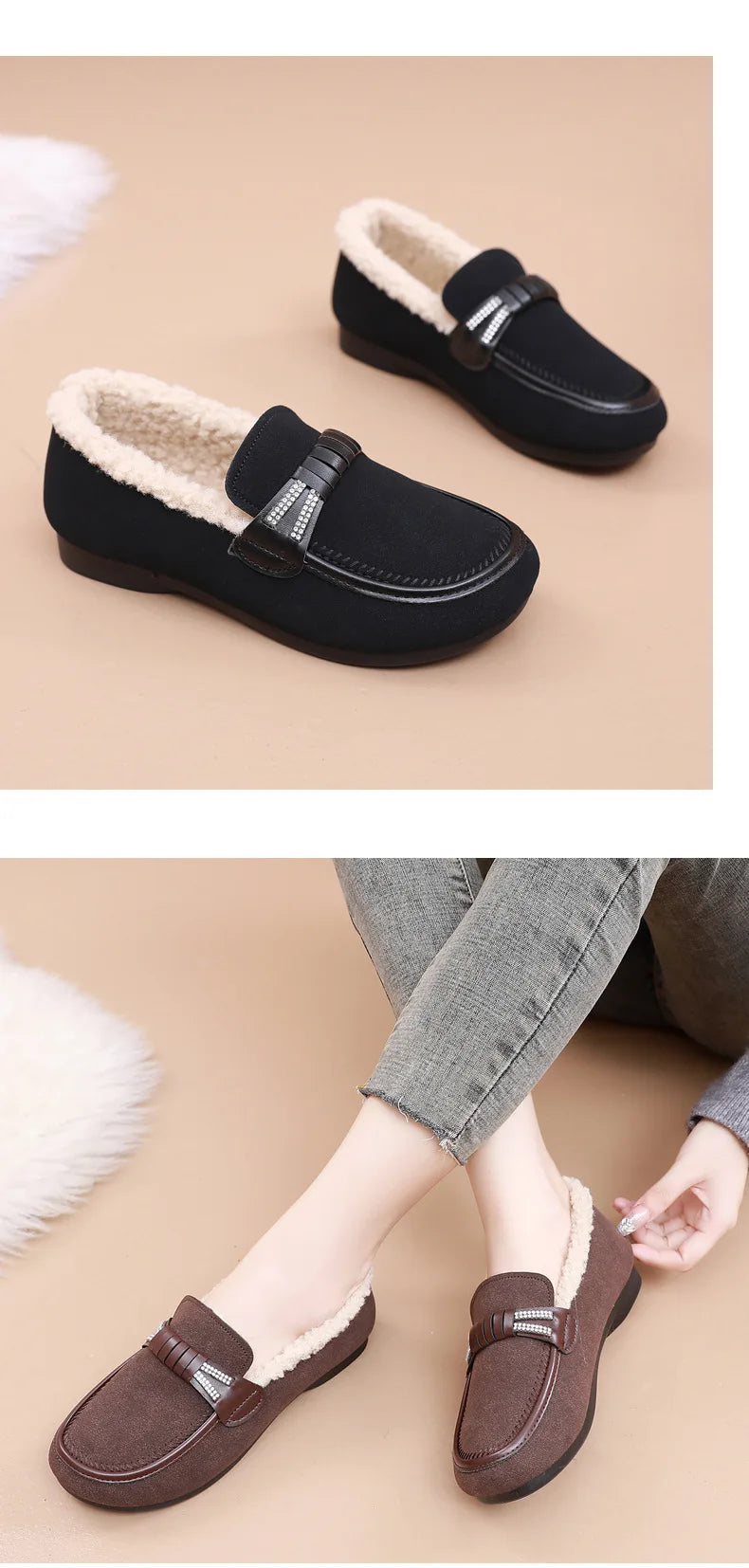 Retro Women's Slip on Flat Shoes White Women Soft Sole Non-slip Loafer Female Casual Plush Warm Cotton Shoes Zapatillas Mujer