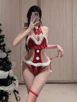 Women Christmas Red Lingerie Plush Patchwork Strapless Tube Dress Christmas Party Cosplay Costume With Arm Sleeve and Choker