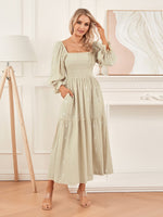 Women Spring Fall Long Dress Long Sleeve Dress Square Neck Embroidery Flower Loose Swing Dress Wit Pocket