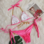 DEKA Shell Bikinis Swimsuit with Rhinestones Criss Cross Bikini Set Women Pink Push Up Bathing Suit Diamond Thong Swimwear