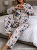 Women Autumn Winter New Printed Pajama Set, Lapel Collar Long Sleeve & Long Pants, Soft Comfortable Loungewear Daily Homewear