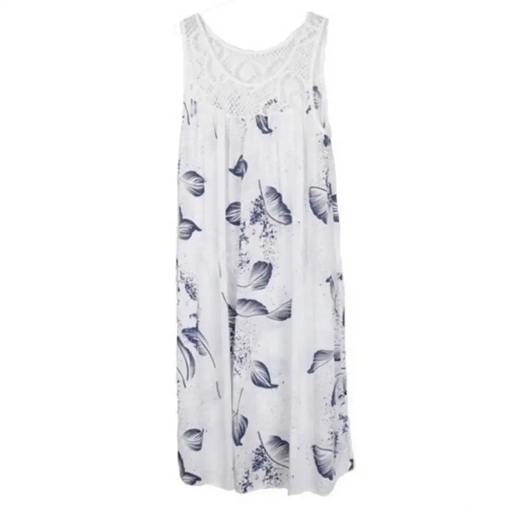 Mini Dress Floral Printed Lace Stitching O-Neck Sleeveless Women Summer Loose Tank Dress