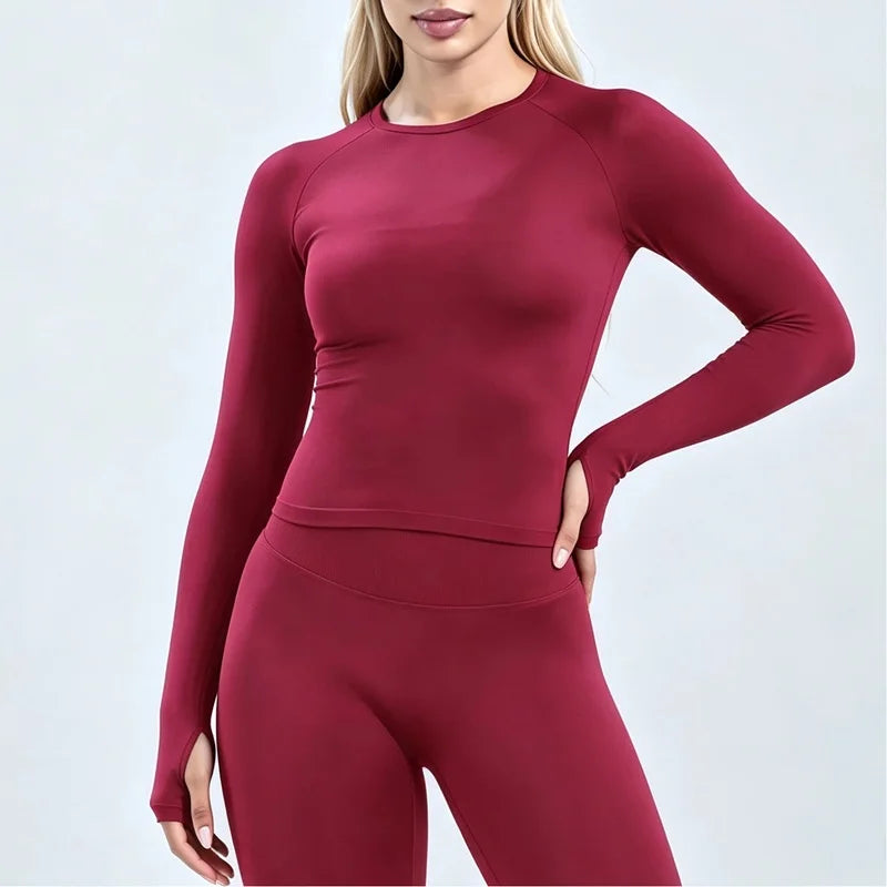 HISTELLO Defy Long Sleeve Top Women Fitness Pilates Clothes Seamless Round Neck Sports Shirt Slim Fit Activewear Gym Workout Top