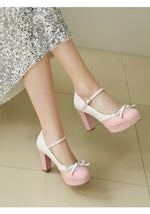Plus Size Crossed Thin Ribbon Bow Shallow High-Heeled Shoes Patent Leather Splicing White PU Sweet Lolita Style Pumps