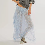 Women's Solid Color Midi Skirts Lace Elastic High Waist Skirts Spring Summer Sweet Irregular Hem Casual Skirts