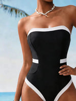 Sexy Black White Patchwork Swimwear Women 2026 Bandeau Slim Tummy Conrtol One Piece Swimsuit Beach Bathing Suit Holiday Monokini
