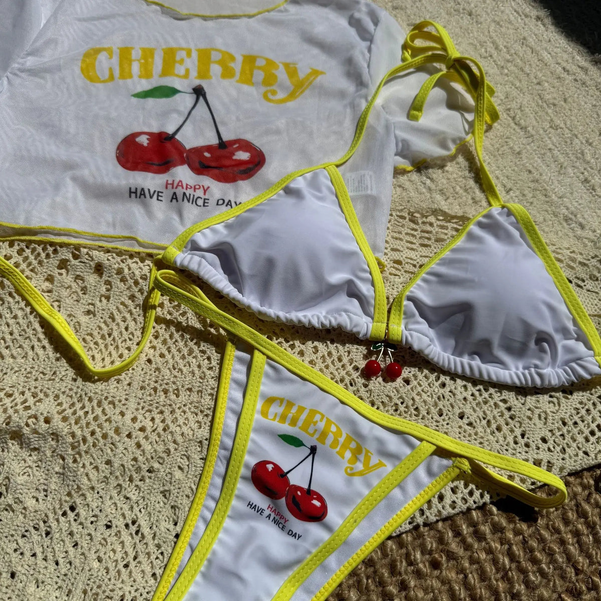 Cherry Print Mesh Short Sleeve Mini Bikini Female Swimsuit Women Swimwear Three-pieces Bikini Set Bathing Suit Swim Beachwear