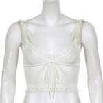 Lace Trim Crop Top Aesthetic White Bow Cute Sweet Mini Vest Knitted Basic Casual Tee Women Summer Backless Beach