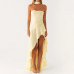 Women Summer Casual Tube Dress Fashion Solid Color/Floral Print High Low Ruffles Long Dresses with Scarf
