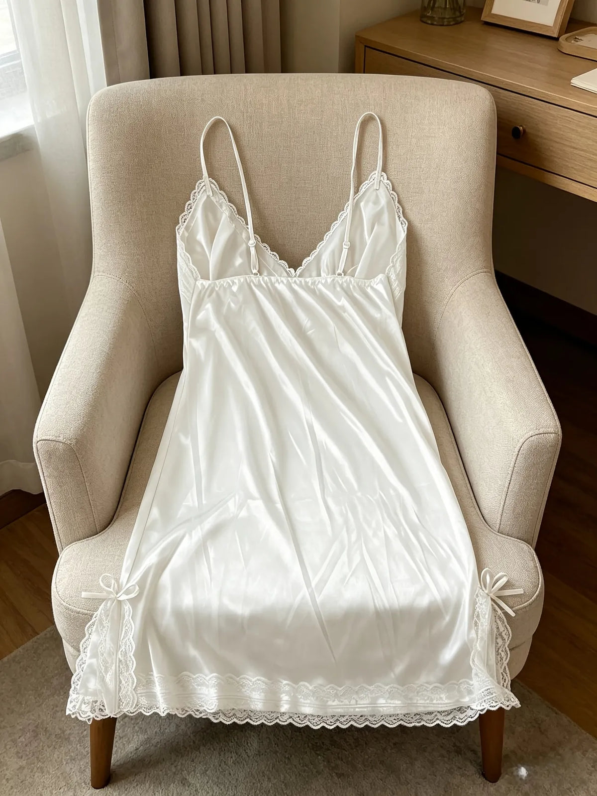 Women Satin Nightgown Lace Trim Spaghetti Strap V Neck Mini Slip Dress Soft Sleepwear Home Pajama Dress