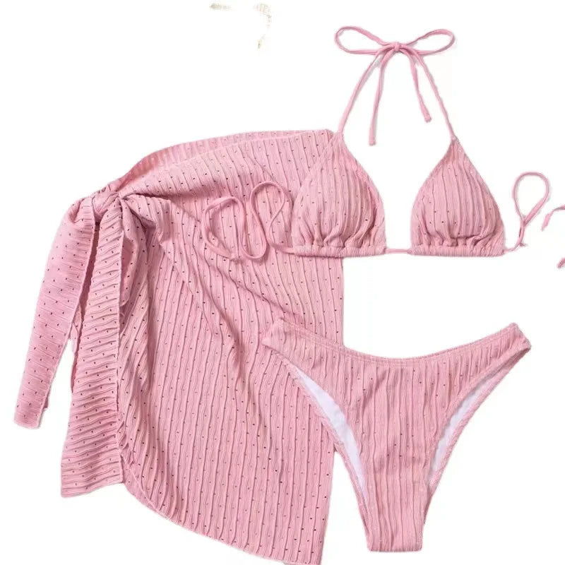 2026 New 3 Pieces Set Swimsuit Women Thong Swimwear Sexy Micro Bikini Set With Sarong Skirt White Beachwear Bathing Suit Pink