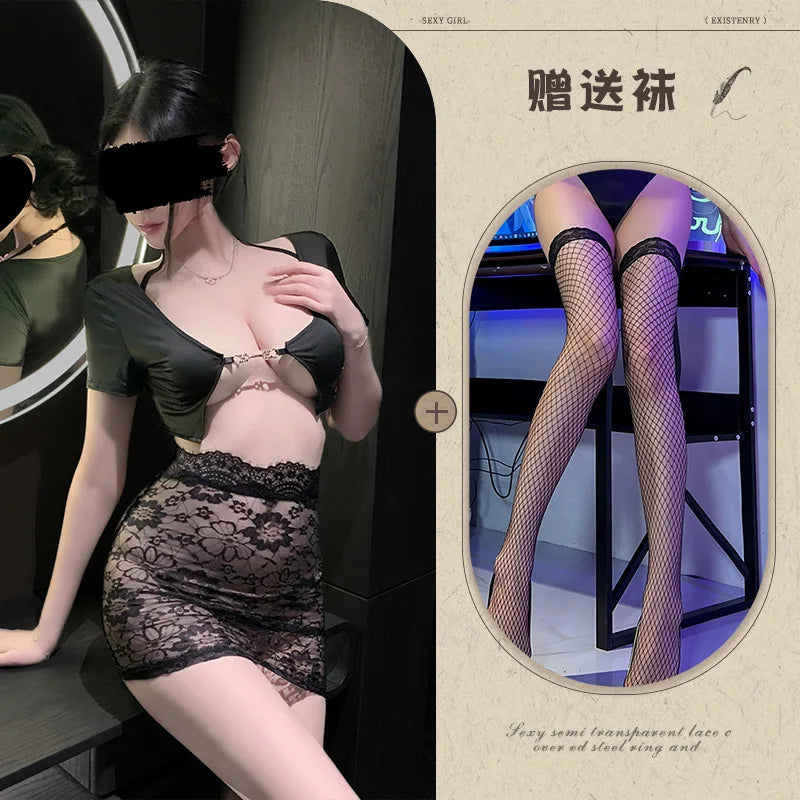 Sexy lingerie, lace butt-covering secretary uniform, sexy pure desire flirting pajamas set