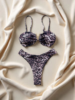 Sexy women's triangle leopard print bikini 2-piece set metal V decoration summer beach split swimsuit