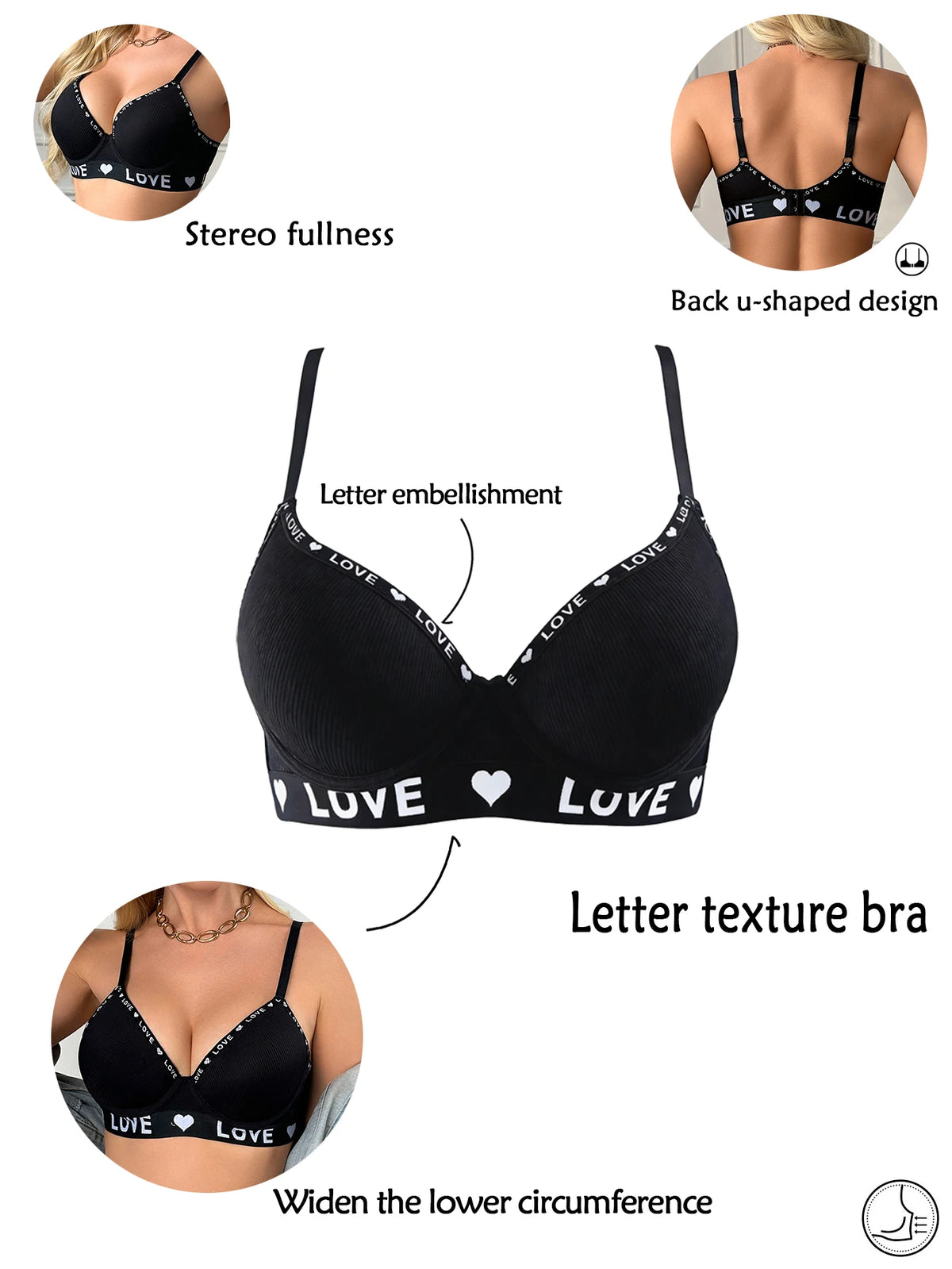 Ribbed Underwire Push Up Bra for Women Letter Trim Wide Side Support Comfortable Daily Lingerie