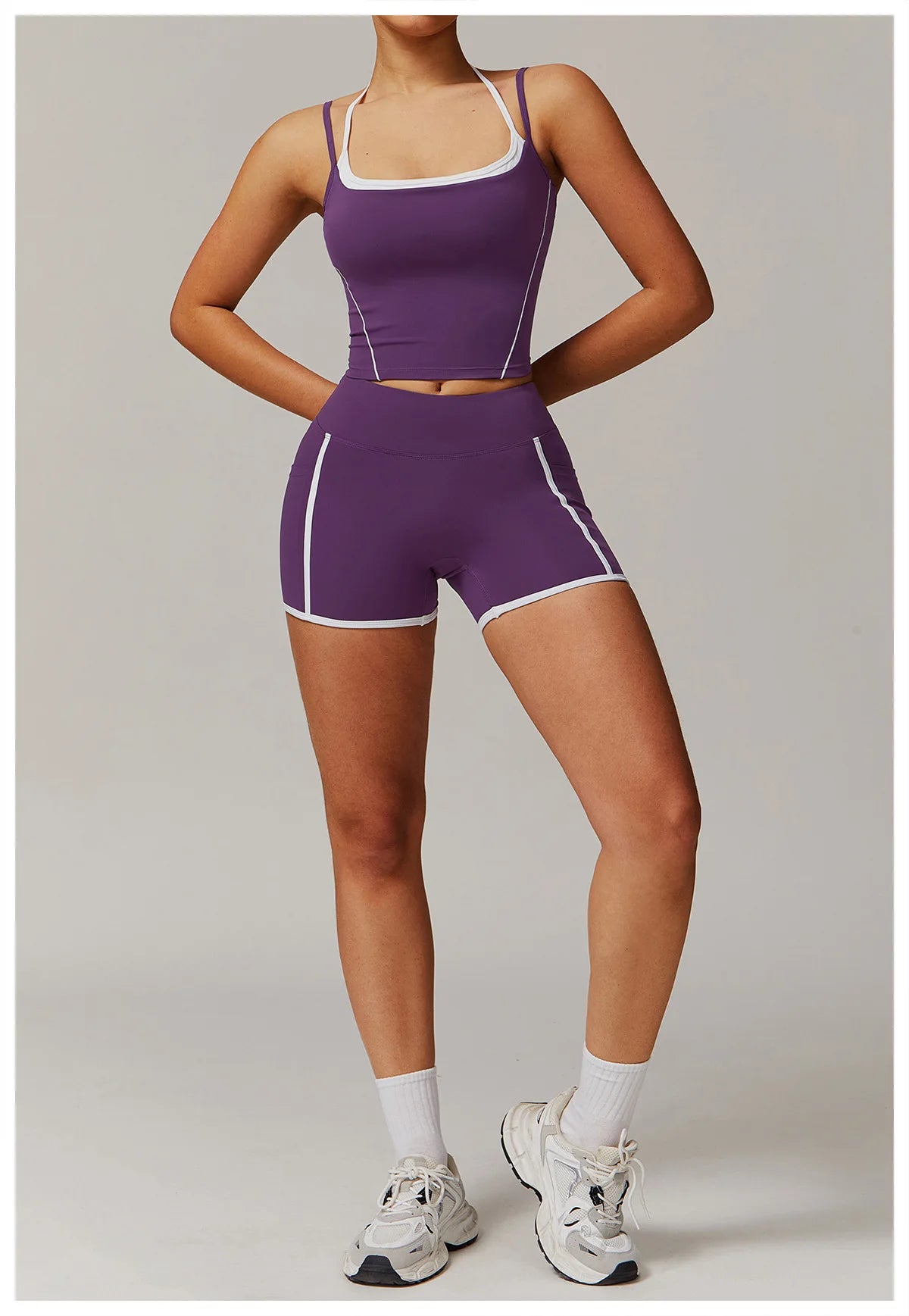 Yoga Shorts Sets Fake Two Piece Hanging Neck Shockproof Vest High Waist Pants Fitness Suit Breathable Women's Tight Sports Set