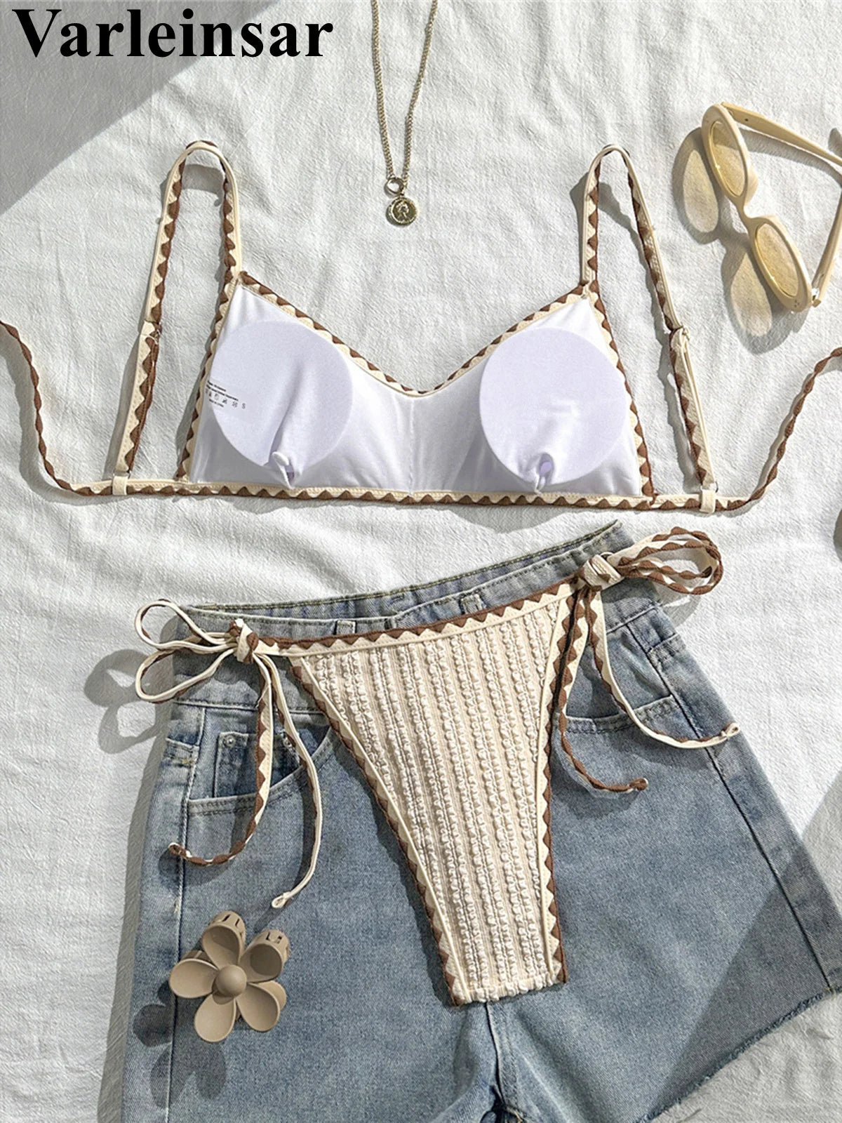 Wrinkled Crinkled Bikini Women Swimwear Female Swimsuit Two-pieces Bikini Set High Leg Cut Padded Bather Bathing Suit Swim V8029