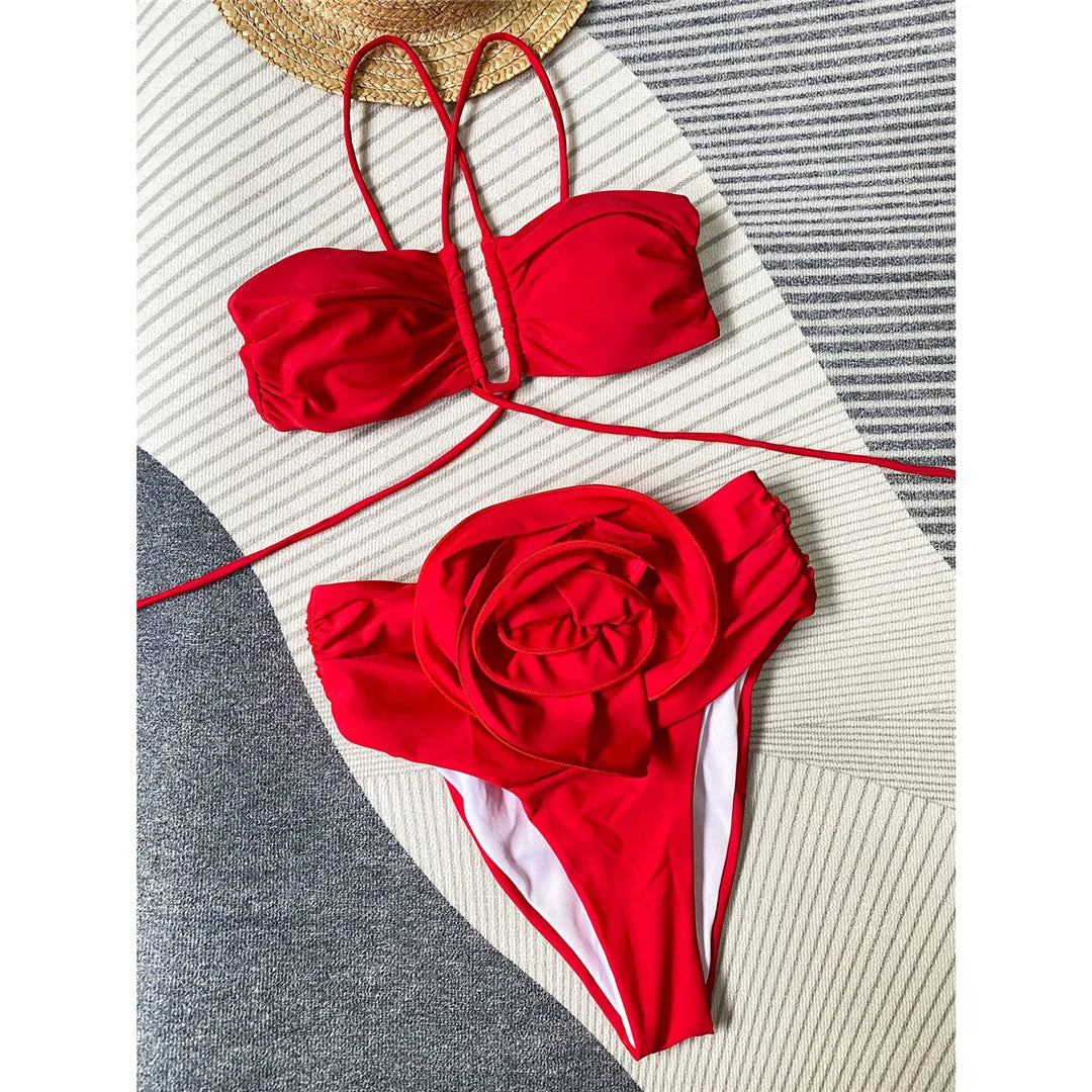 Sexy 3D Flower Wrinkled Female Swimsuit High Waist Bikini Women Swimwear Two-pieces Bikini set Bather Bathing Suit Swim Y4939