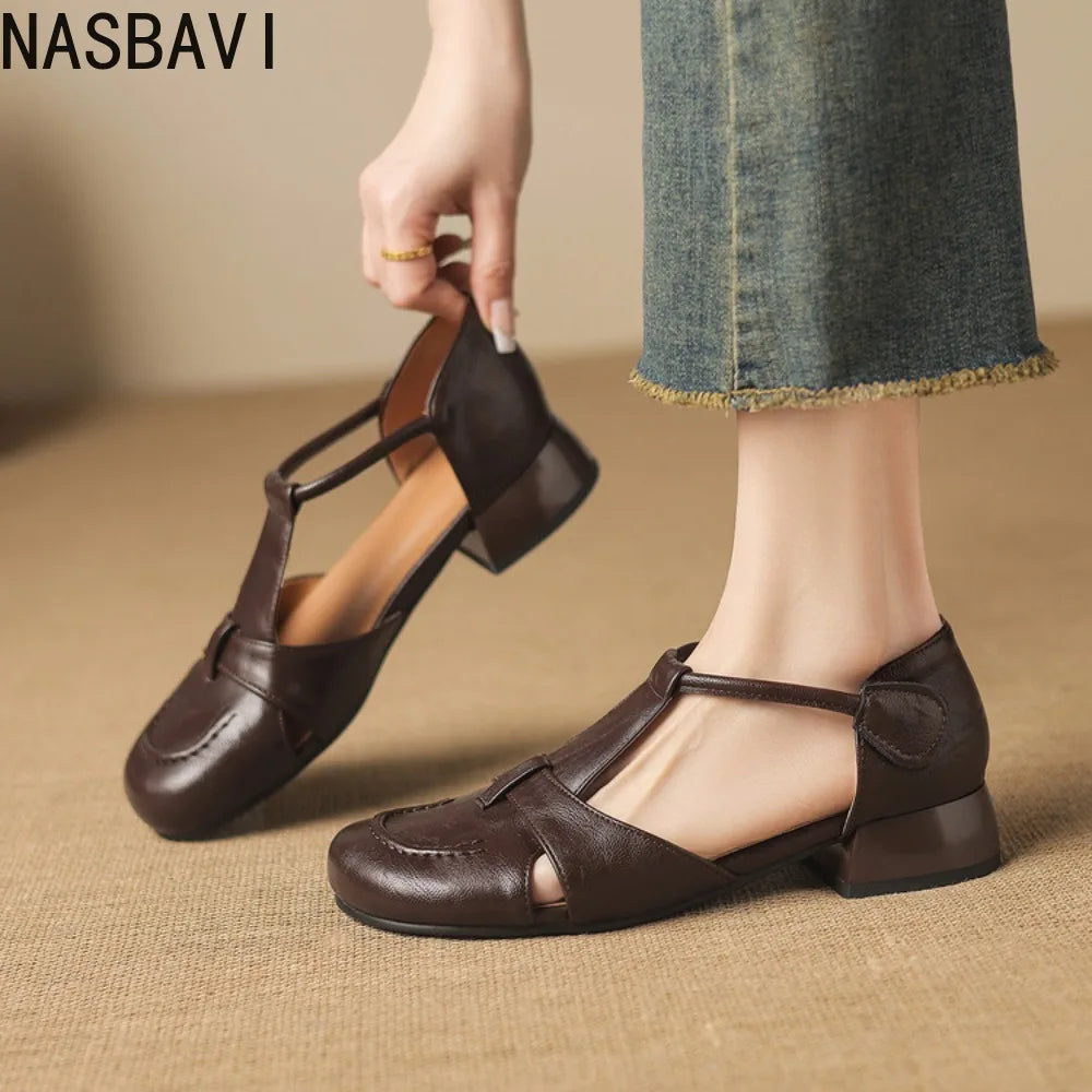 French Slip-on Single Shoes Retro British Shoes for Women Brown T-Strap Shallow Flat Sandals Soft Leather RomeSummer New 32-43