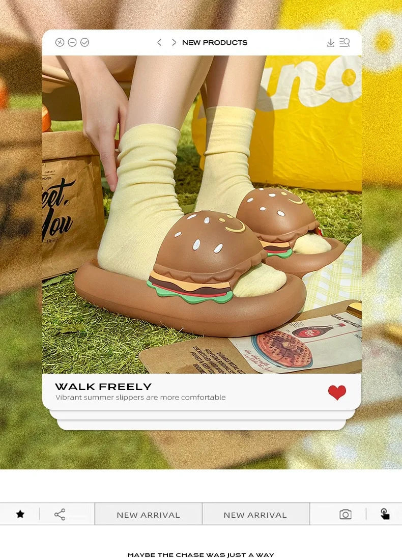 CartoonCutesy3D Sesame Burger Slippers for Women, Summer Outdoor & Home Wear, Anti-Slip Thick Soles, Flat Back Slides,Flip Flops