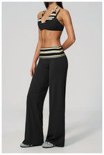 Fake Two-piece Sports Bra Yoga Sets Women Coffee Striped Patchwork Folding High Waist Wide Leg Pants Gym Running Fitness Suits