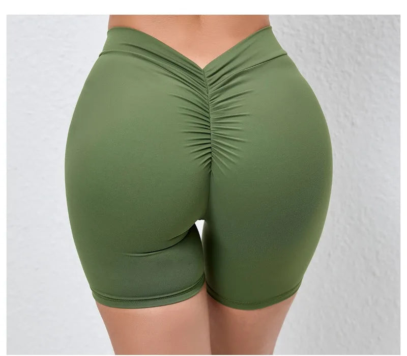 Sexy High-Waisted Yoga Shorts - Deep V Back Ruffled Booty Lift Women Tummy Control Workout Gym Peach Butt Fitness Shorts